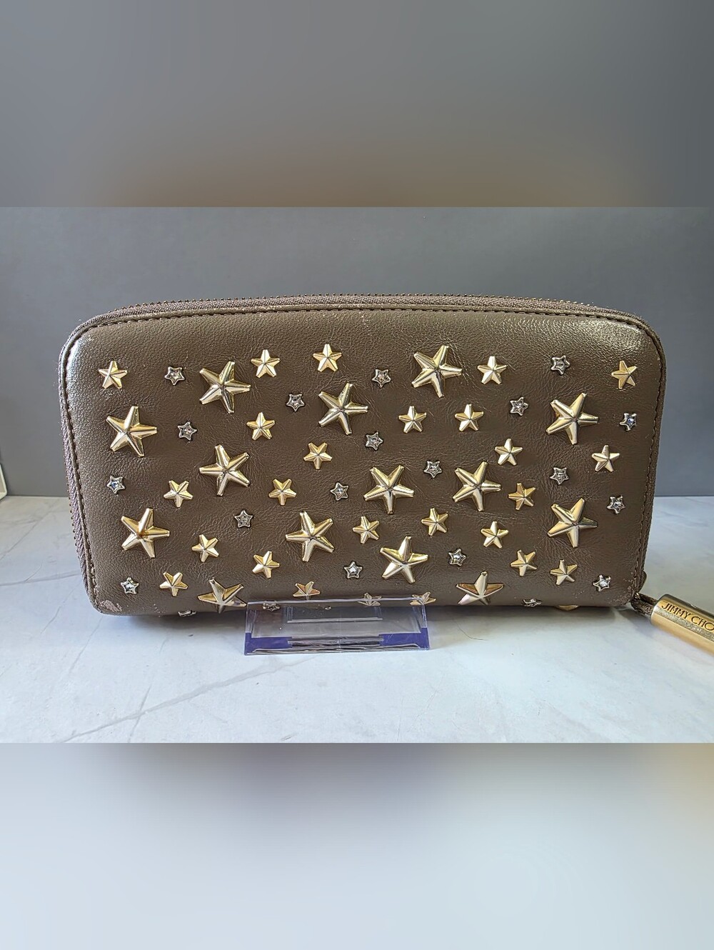 Jimmy Choo Star Stud Zip Around Wallet Taupe Gold